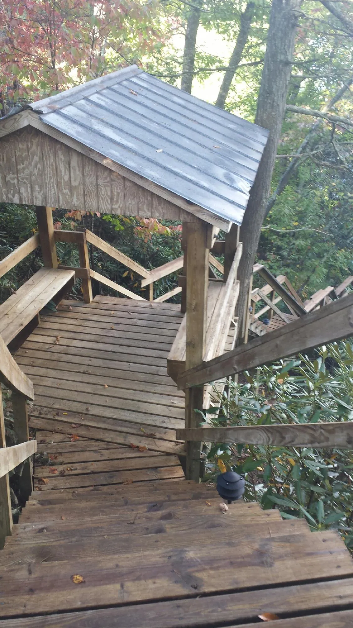 Metal roofed shelter over wooden steps on a wooded walkway — Skylight Repair & Installation work by our crew in Starke